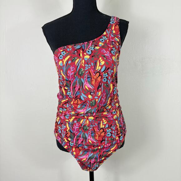 Garnet Hill Red Floral Print Signature Asymmetrical One Piece Swimsuit - Picture 1 of 10